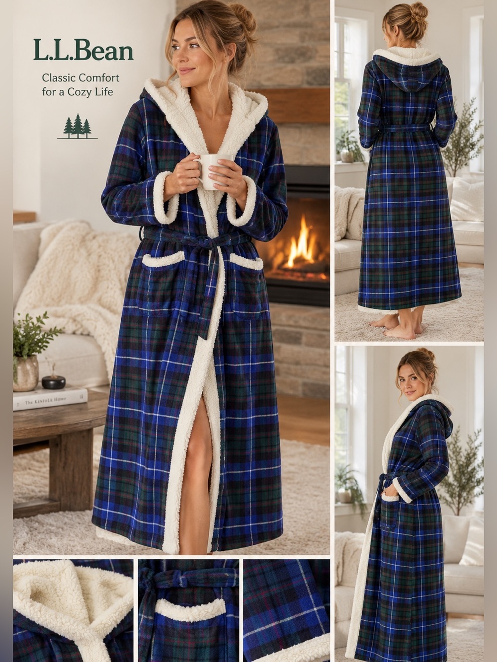 L.L.Bean Scotch Plaid Flannel Sherpa Lined Long Hooded Robe Women’s M